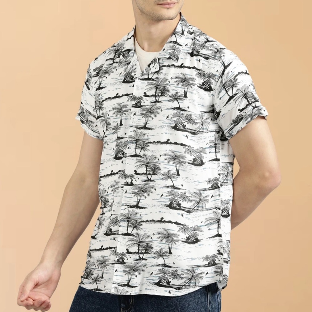 Tropical Palm Tree Bird Print Short Sleeve Button Down Shirt Unbranded XL